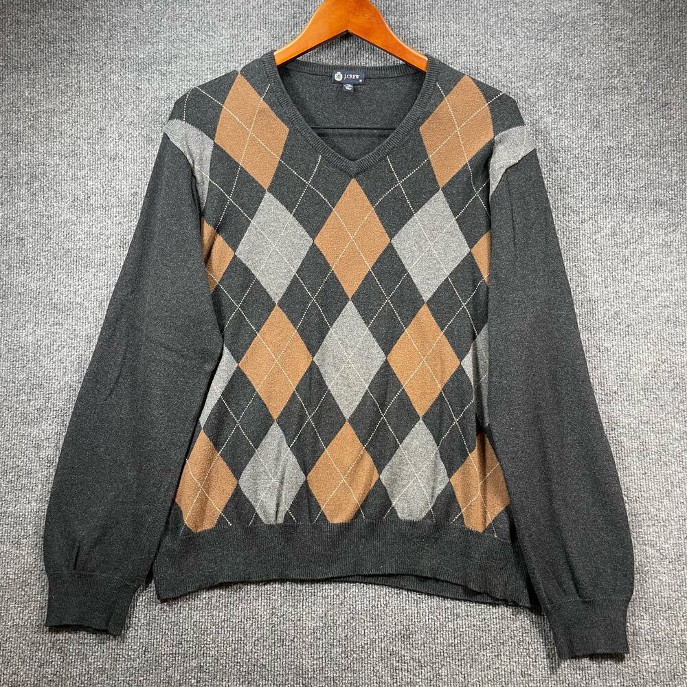 J. Crew Sweater Men's Medium Gray/Orange Argyle Cashmere Blend Comfort Holiday